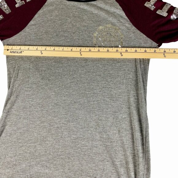 Pink Victoria's Secret Raglan T-shirt Women's Sz XS Color Maroon Silver Sequin - Picture 10 of 11